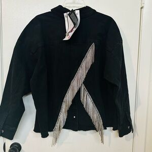 Women With Control Western Embelllished Fringe Black Denim Jacket Size 2x